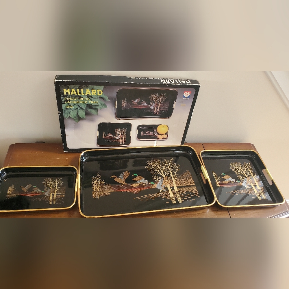 VTG MCM Lacquered Tray Nesting Set Of 3 Mallard Duck Japan NOS Shaddy Black Gold